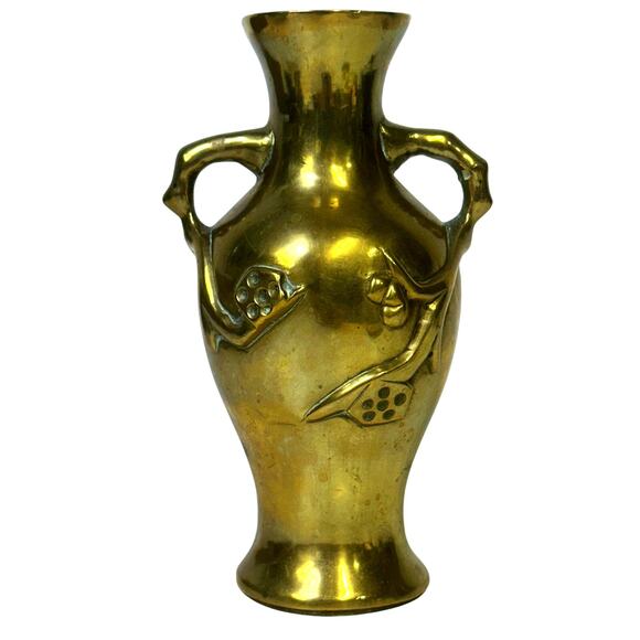 Japanese Antique Meiji Double Handle Bamboo Flower Art Nouveau Solid Brass Vase - Picture 1 of 5